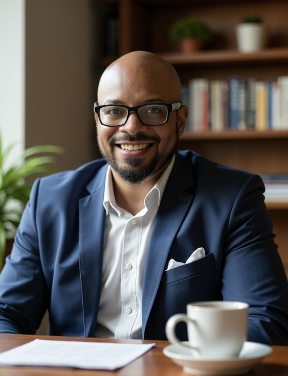 Cedric J. Leggin at a work table, papers and a cup in front of him, bookshelves behind.